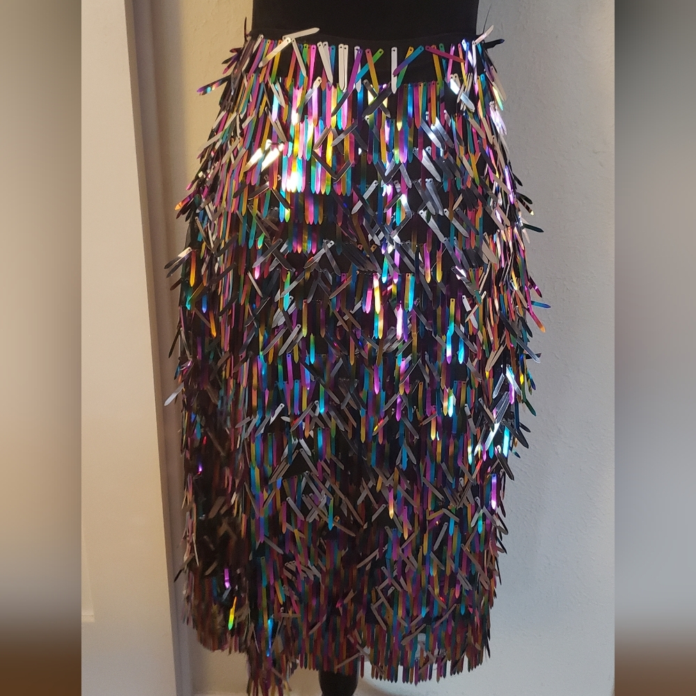 Iridiscent Sequin Fringe Midi Skirt